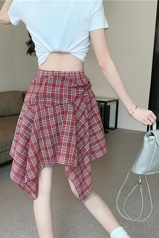 Real Shot Irregular Plaid Mini Skirt  Summer Loose Fit | Lightweight & Trendy Hot Girl Skirt