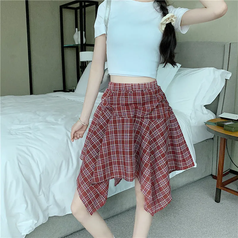 Real Shot Irregular Plaid Mini Skirt  Summer Loose Fit | Lightweight & Trendy Hot Girl Skirt
