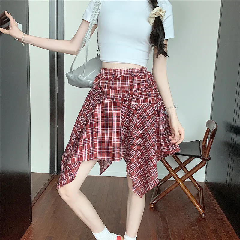 Real Shot Irregular Plaid Mini Skirt  Summer Loose Fit | Lightweight & Trendy Hot Girl Skirt