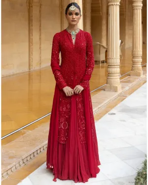 Red Sequins Embroidered Kurta Sharara Set
