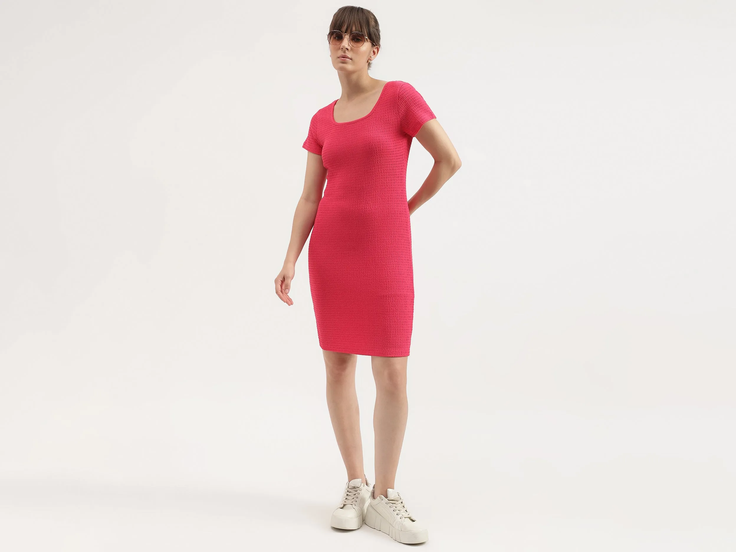 Regular Fit Square Neck Self-Design Dress