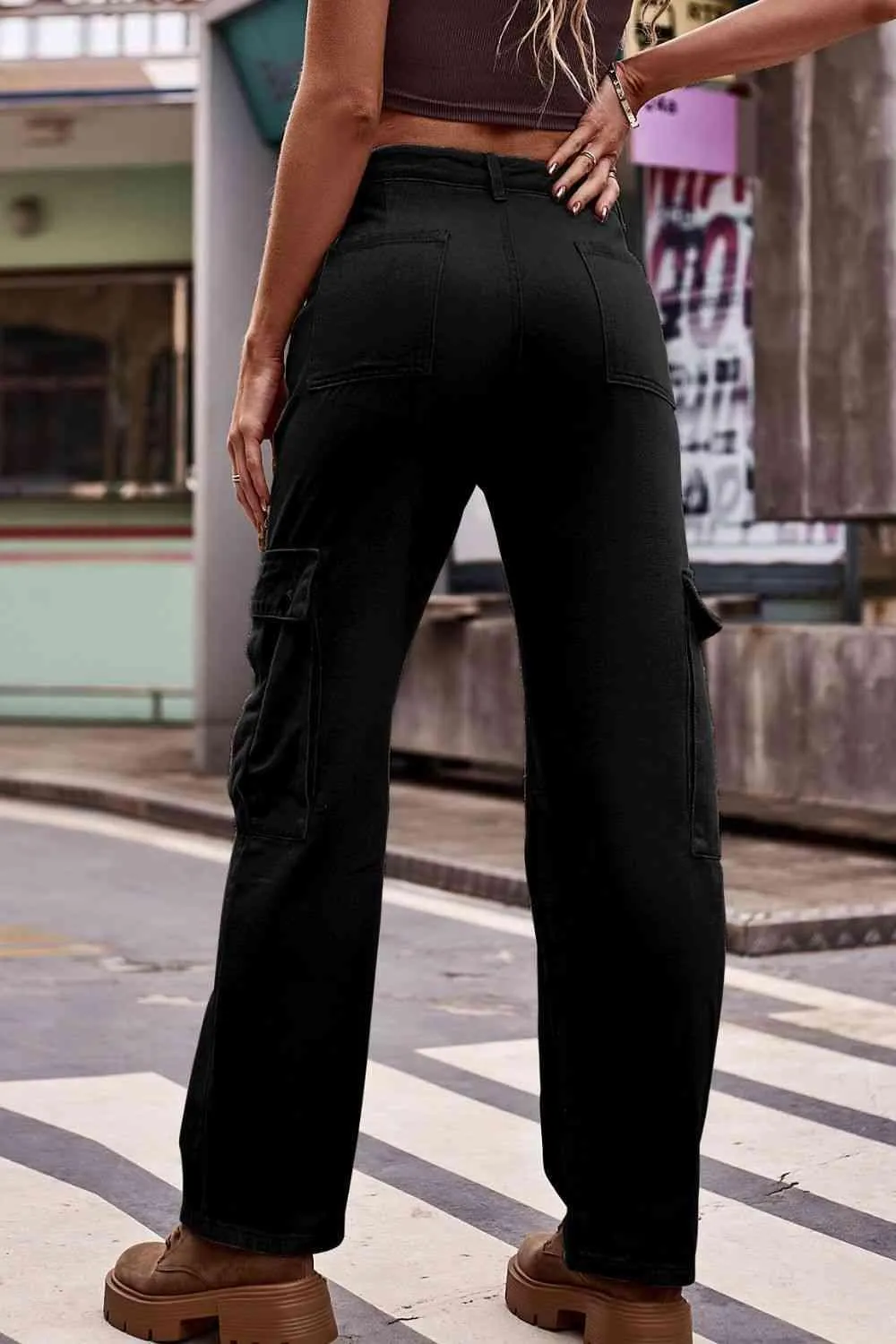 Relaxed Fit High Waist Cargo Jeans