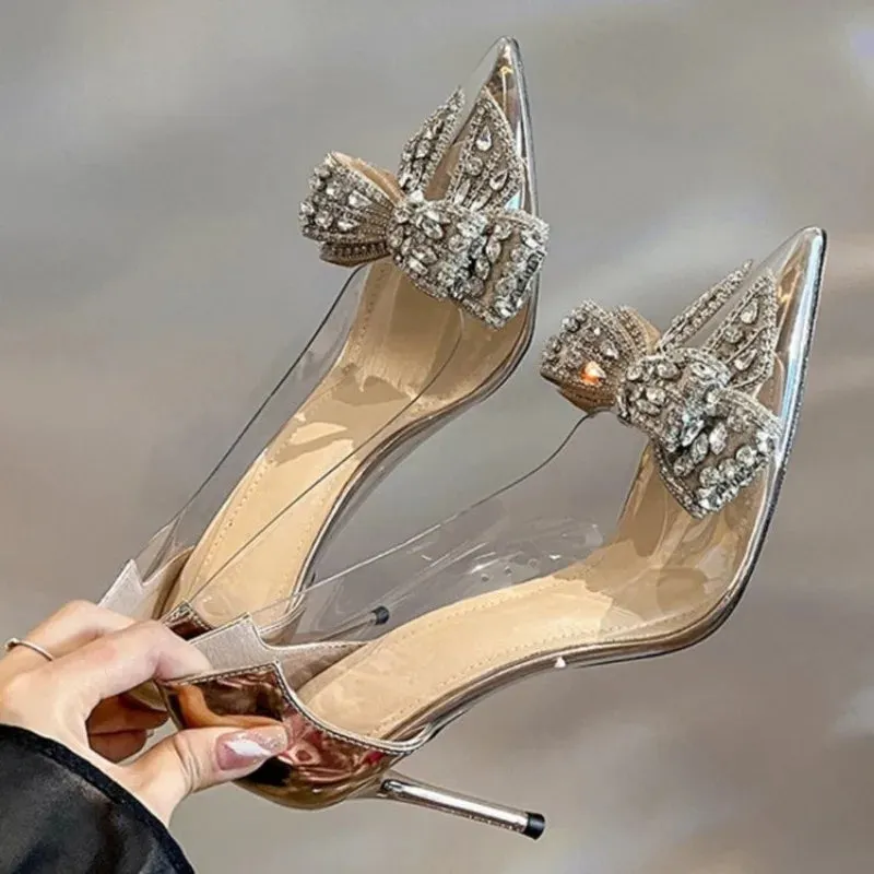 Rhinestone Butterfly-knot Transparent Pointed Toe High Heel Women's Shoes
