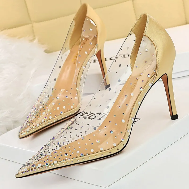 Shoes Sparkle Rhinestones Kitten Heels Pumps PVC Transparent High Heels