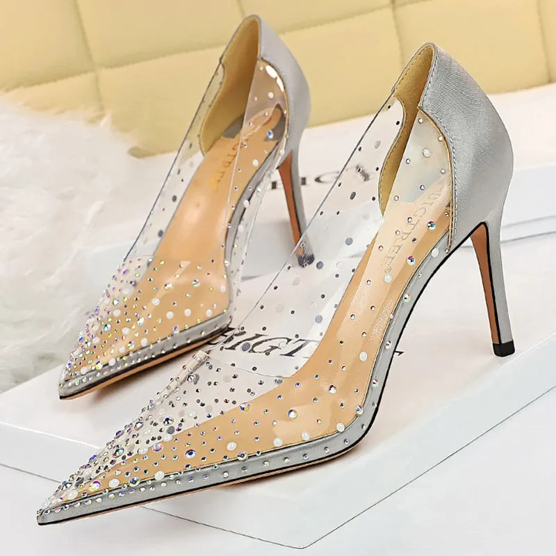 Shoes Sparkle Rhinestones Kitten Heels Pumps PVC Transparent High Heels