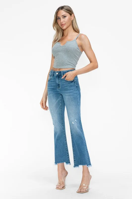 Sienna Raw Hem Distressed Mid Rise Crop Jean