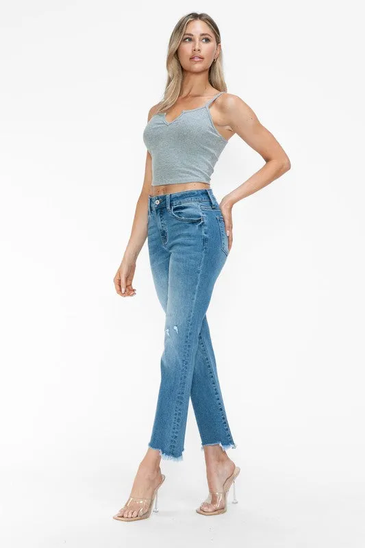 Sienna Raw Hem Distressed Mid Rise Crop Jean