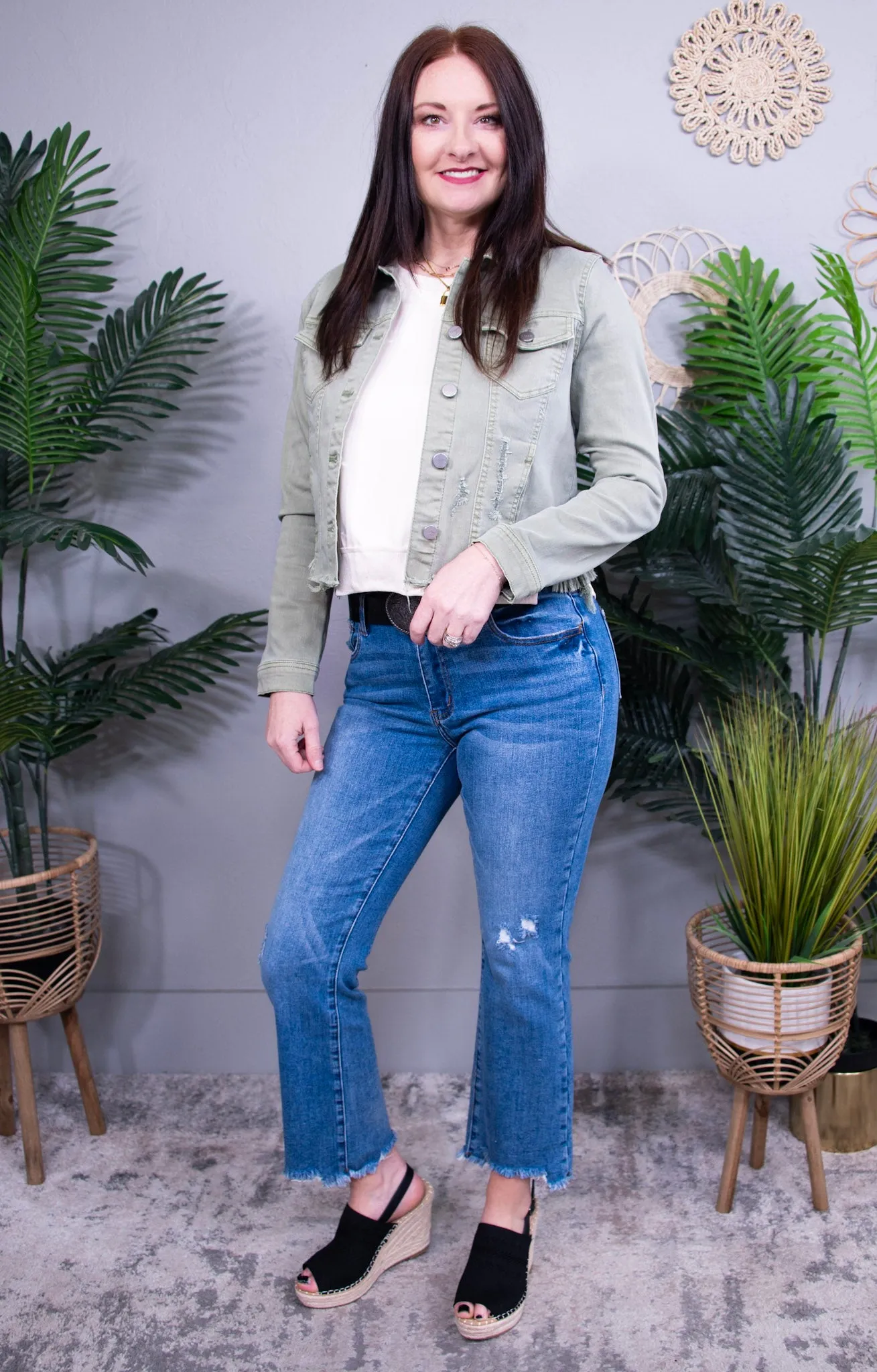 Sienna Raw Hem Distressed Mid Rise Crop Jean
