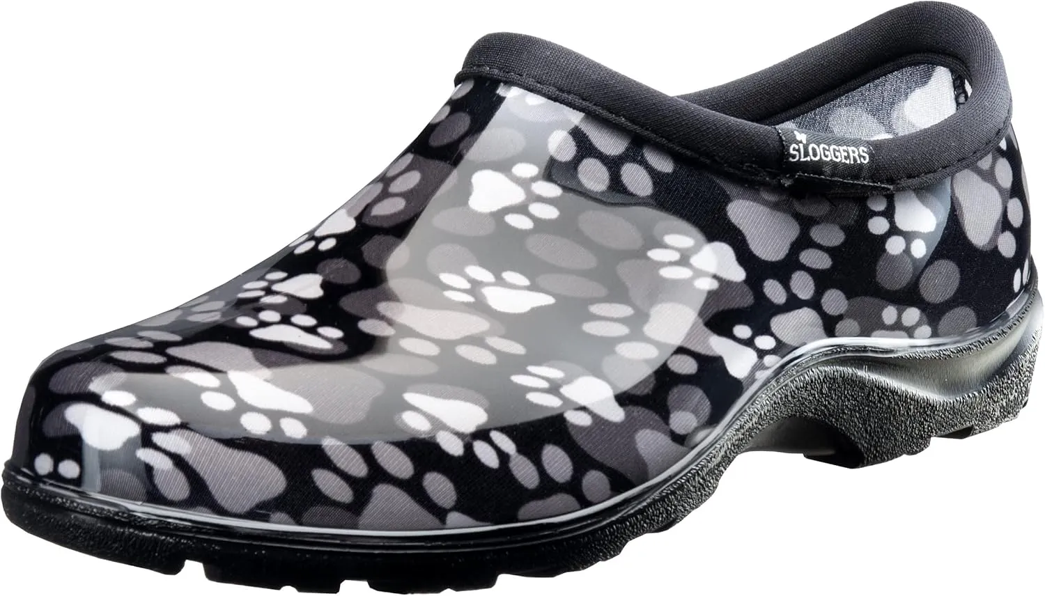 Sloggers Original Waterproof Rain and Garden Shoe for Women Outdoor Slip-On Garden Clog - Made in The USA with Premium Comfort Insole and Arch Support - Paw Print Black/White, Size 10