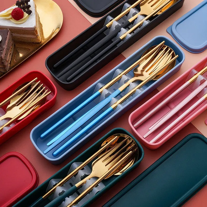 Stainless Steel Convenient Tableware Chopsticks Spoon Kit Portuguese Tableware Three-Piece Set Gift for Students