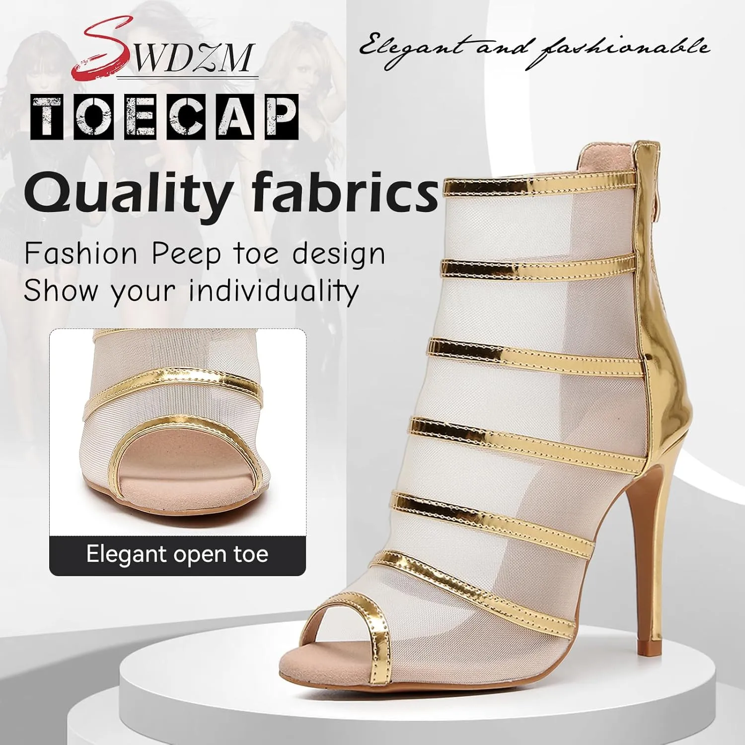 SWDZM Women Peep Toe Dance Booties Mesh Latin Ballroom High Ankle Dance Shoes