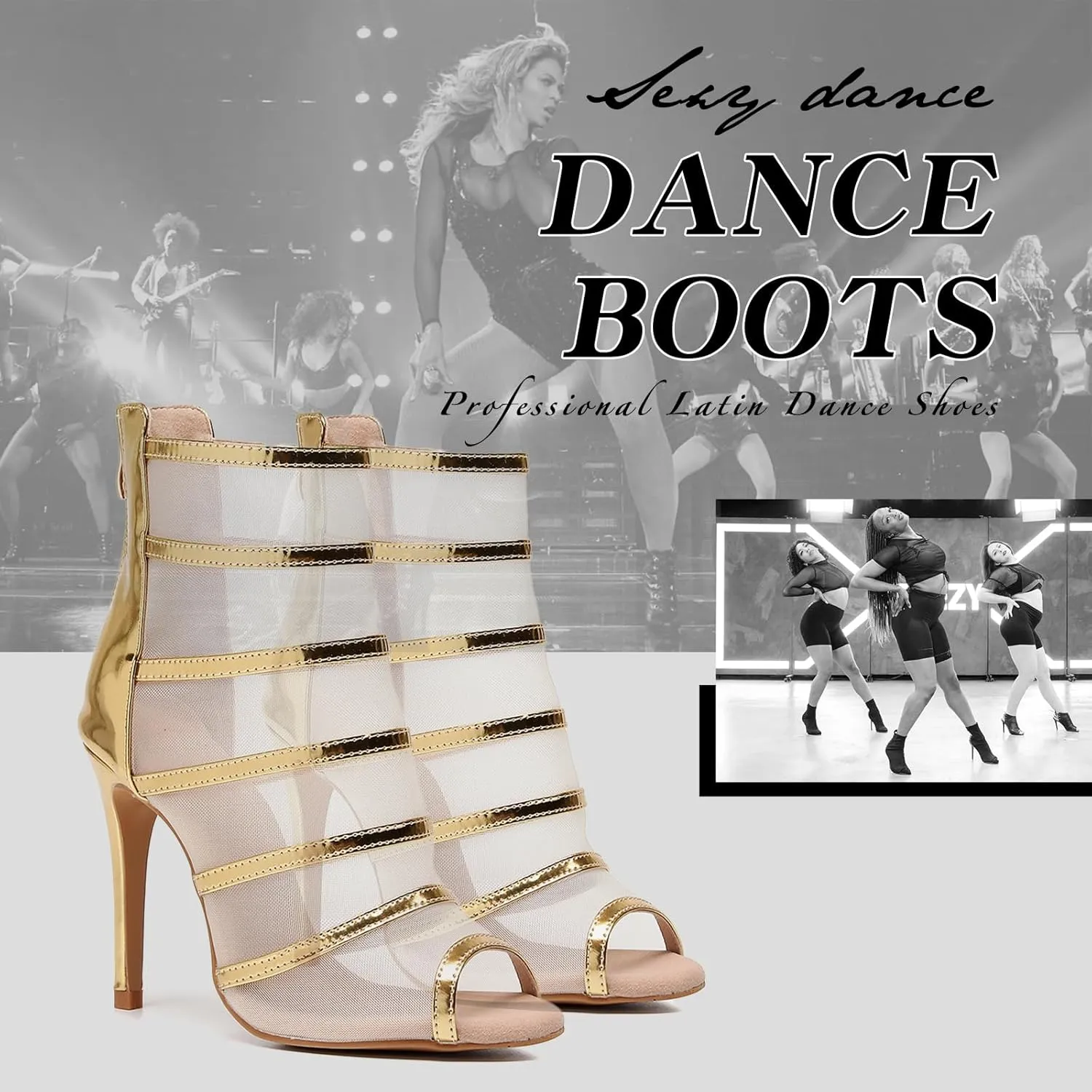 SWDZM Women Peep Toe Dance Booties Mesh Latin Ballroom High Ankle Dance Shoes