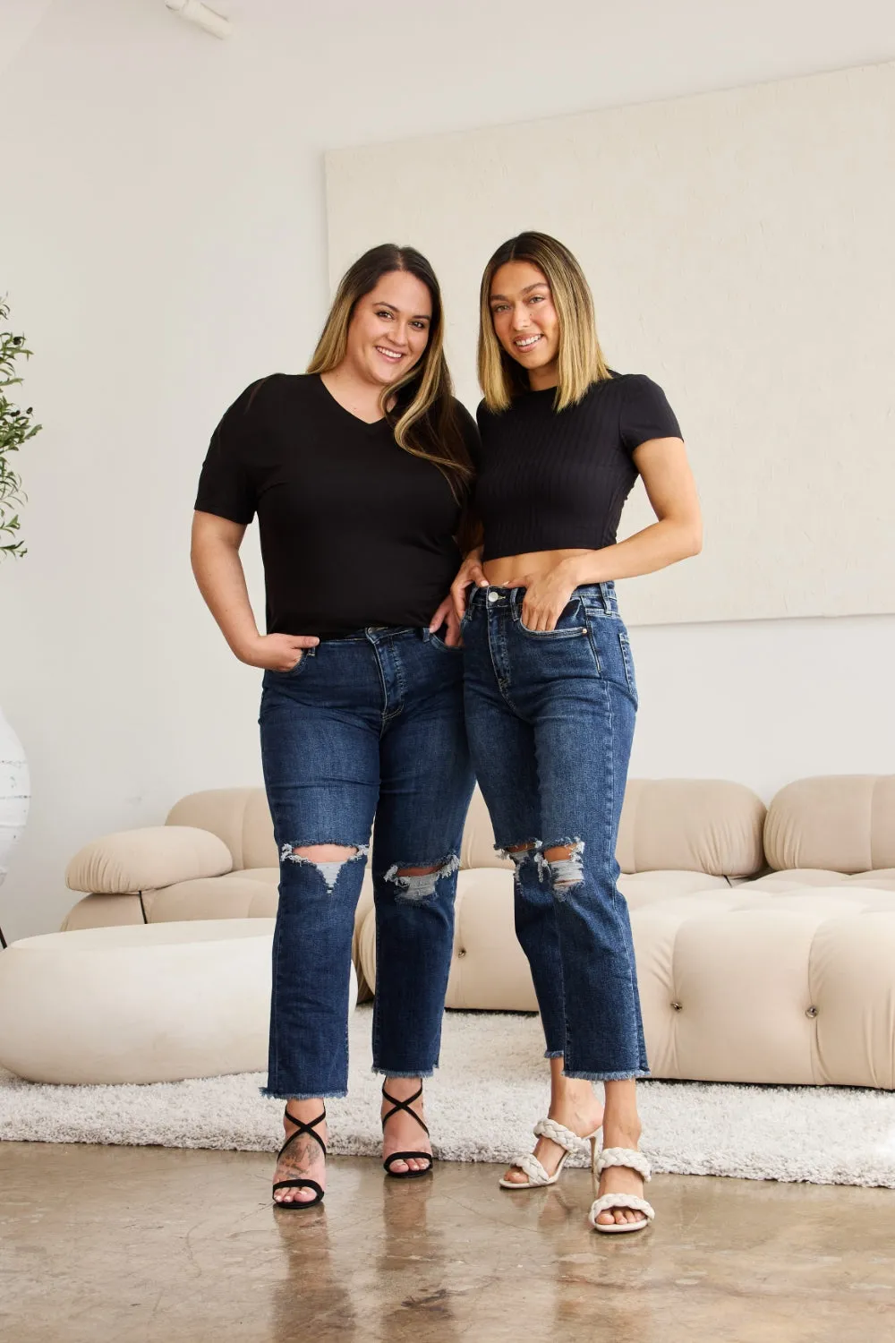 Tummy Control Distressed High Waist Raw Hem Jeans
