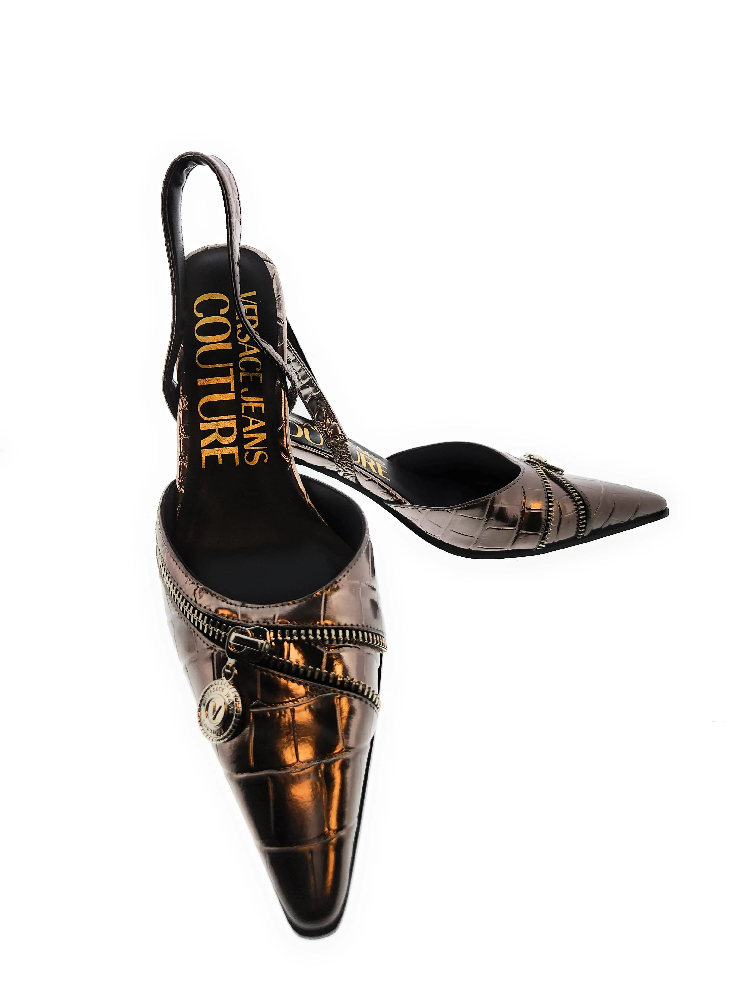Versace Jeans Couture Gun Metal  Embossed Zipper Pointed Toe High Heel Slingback-