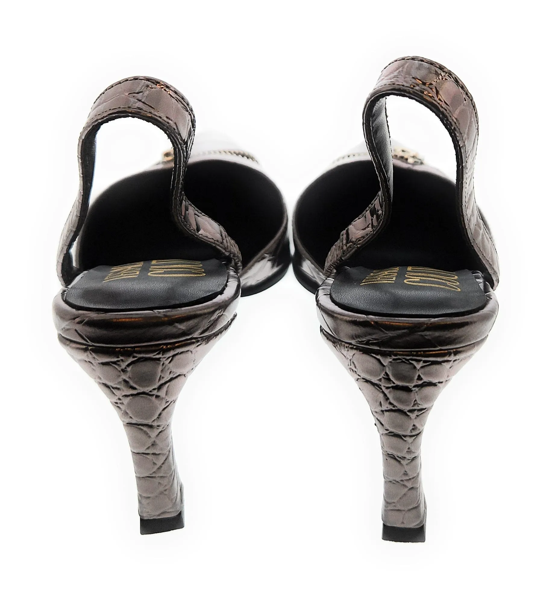 Versace Jeans Couture Gun Metal  Embossed Zipper Pointed Toe High Heel Slingback-
