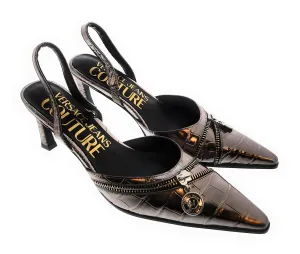 Versace Jeans Couture Gun Metal  Embossed Zipper Pointed Toe High Heel Slingback-