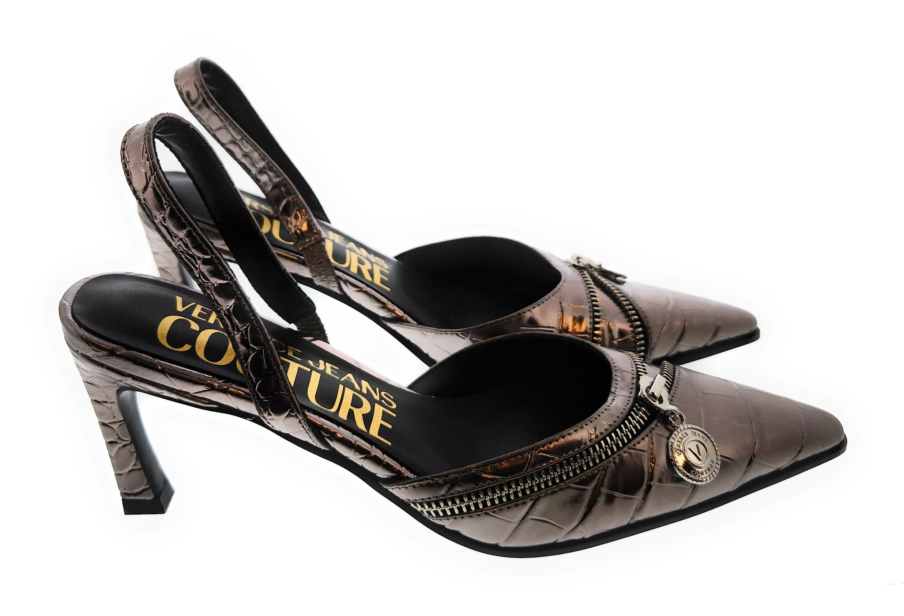 Versace Jeans Couture Gun Metal  Embossed Zipper Pointed Toe High Heel Slingback-