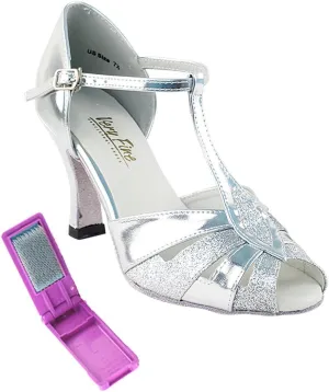 Very Fine Dance Shoes - Ladies Latin, Rhythm, Salsa, Waltz Ballroom Dance Shoes - 2702-2.5-inch Heel and Foldable Brush Bundle - Silver Stardust &Silver Leather - 5