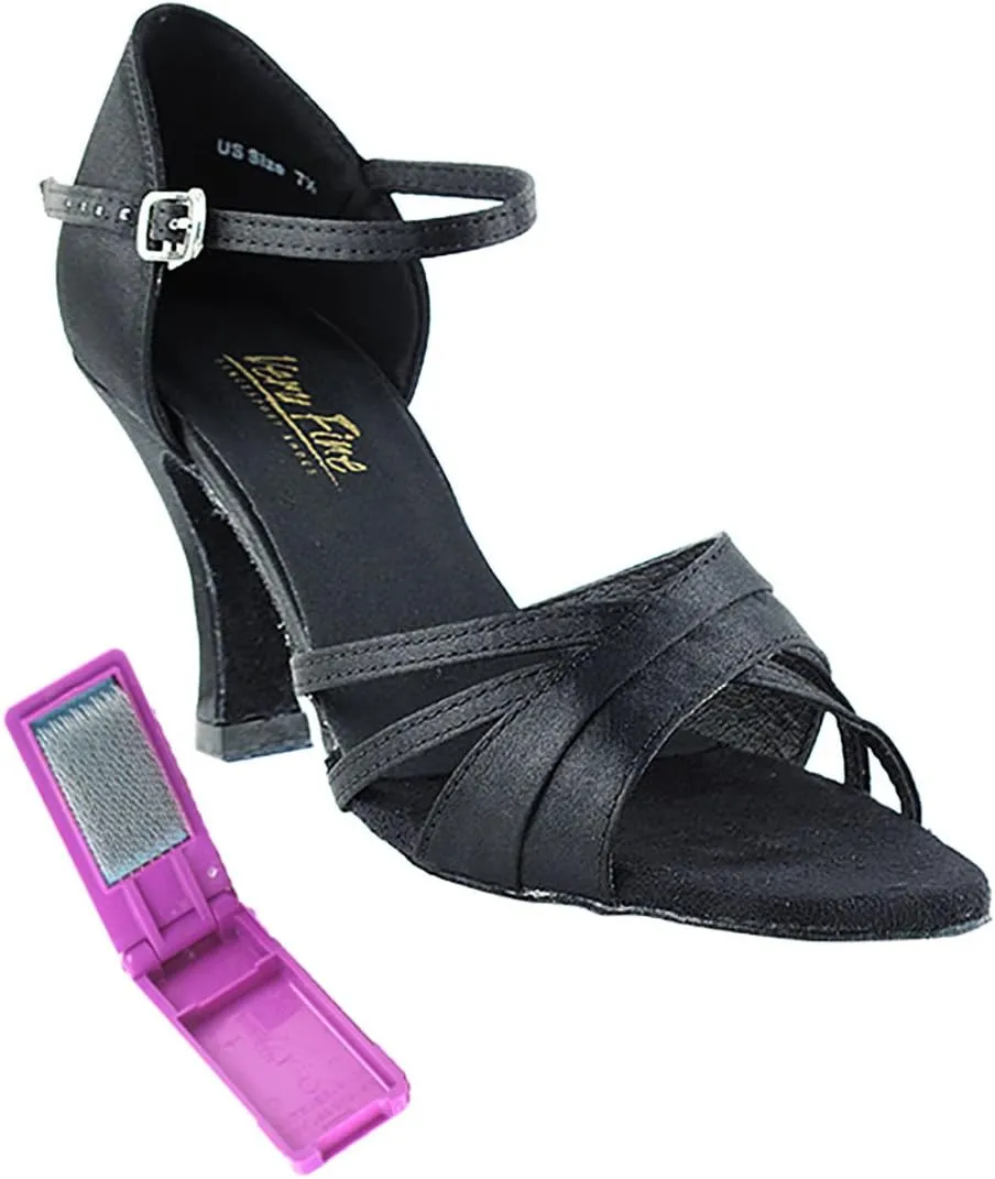 Very Fine Dance Shoes - Ladies Latin, Rhythm, Salsa, Waltz Ballroom Dance Shoes - 6030-2.5-inch Heel and Foldable Brush Bundle - Black Satin - 9