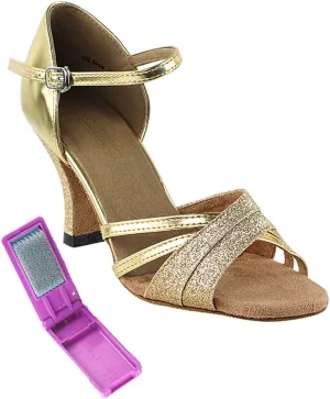 Very Fine Dance Shoes - Ladies Latin, Rhythm, Salsa, Waltz Ballroom Dance Shoes - 6030-2.5-inch Heel and Foldable Brush Bundle - Gold Stardust - Gold Leather - 8.5