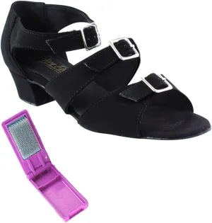 Very Fine Dance Shoes - Ladies Practice, Cuban Low Heel Ballroom Dance Shoes - 1679-1.5-inch Heel and Foldable Brush Bundle - Black Nubuck - 6
