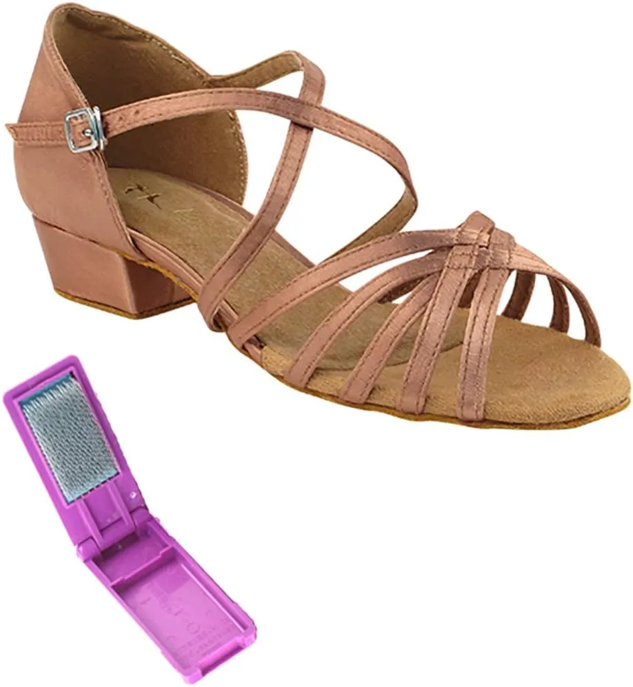 Very Fine Dance Shoes - Ladies Practice, Cuban Low Heel, Waltz, Wedding Dance Shoes - 1670FT - 1-inch Heel and Foldable Brush Bundle - Tan Satin - 9