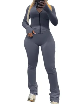Weird Puss Tight 2-Piece Set – Women’s Full Sleeve Zip Crop Top & Leggings Tracksuit