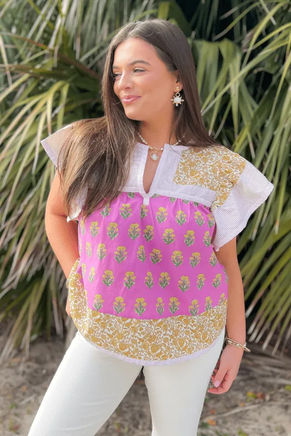 Wildflower Pink & Mustard Printed Ruffle Sleeve Top