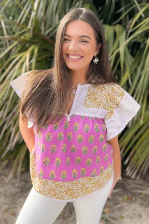 Wildflower Pink & Mustard Printed Ruffle Sleeve Top