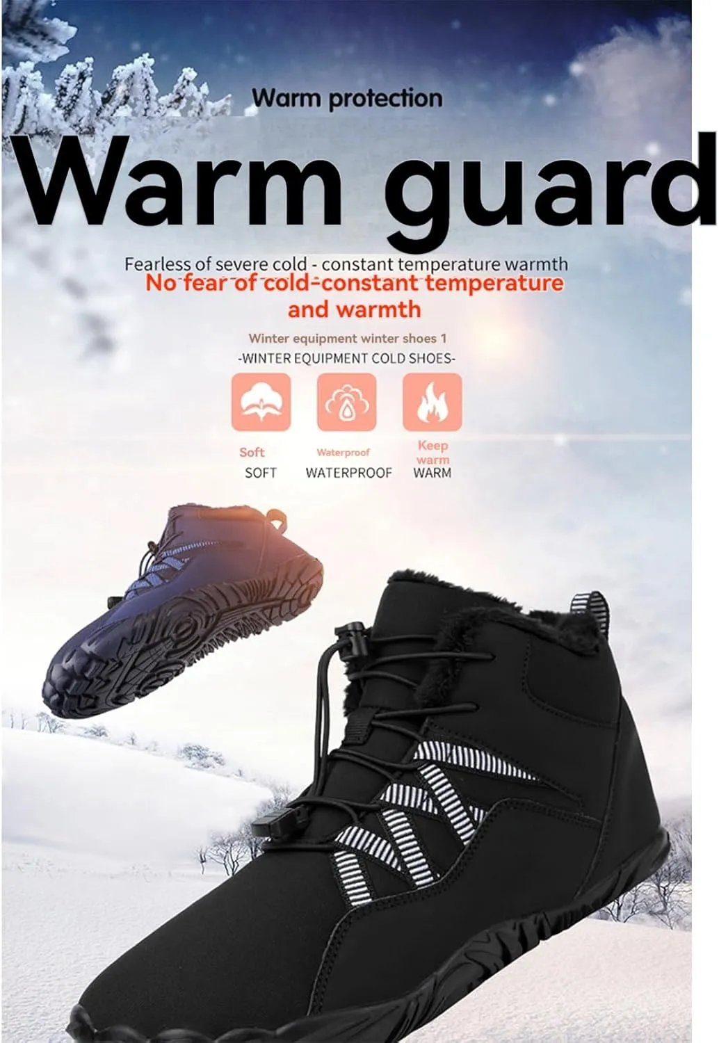 Winter Snow Ankle Boots Waterproof Warm Fur Lined Hiking Boot Zero Drop Sole Slip On Barefoot Shoes