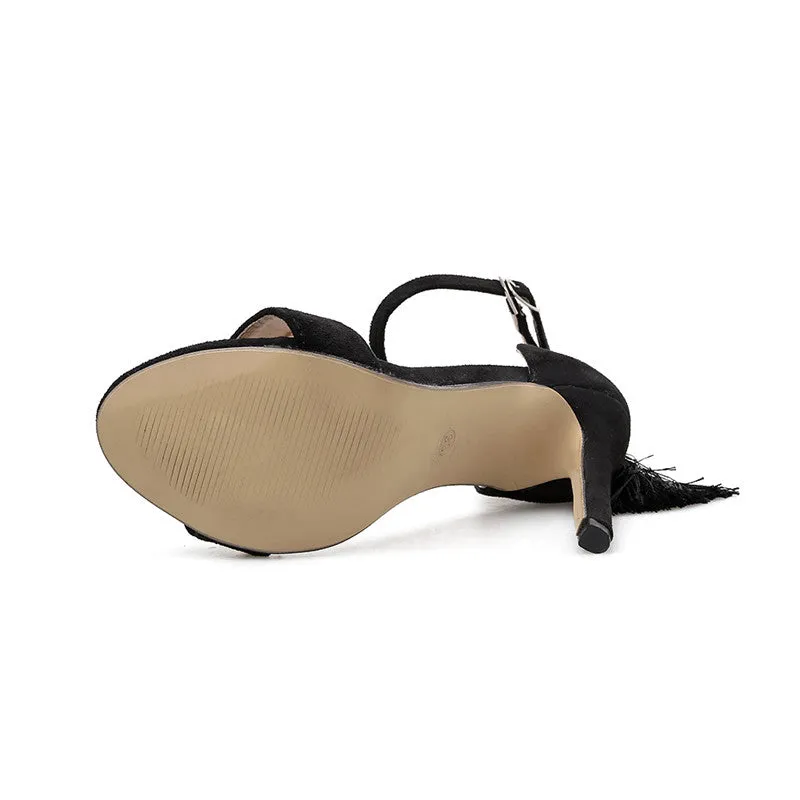 Women Leopard Tassel High Heel Stiletto Ankle Strap Sandals