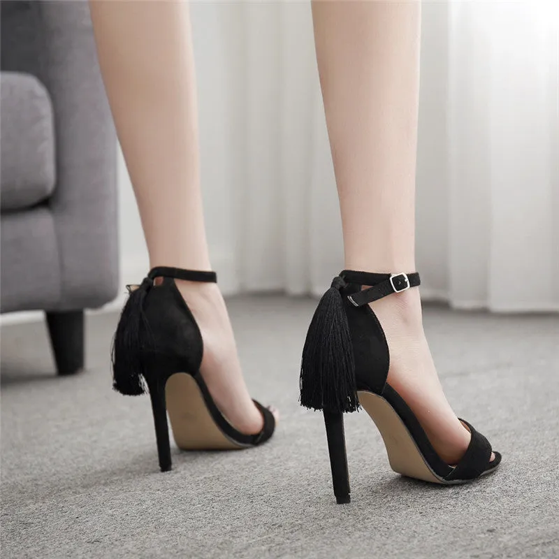 Women Leopard Tassel High Heel Stiletto Ankle Strap Sandals