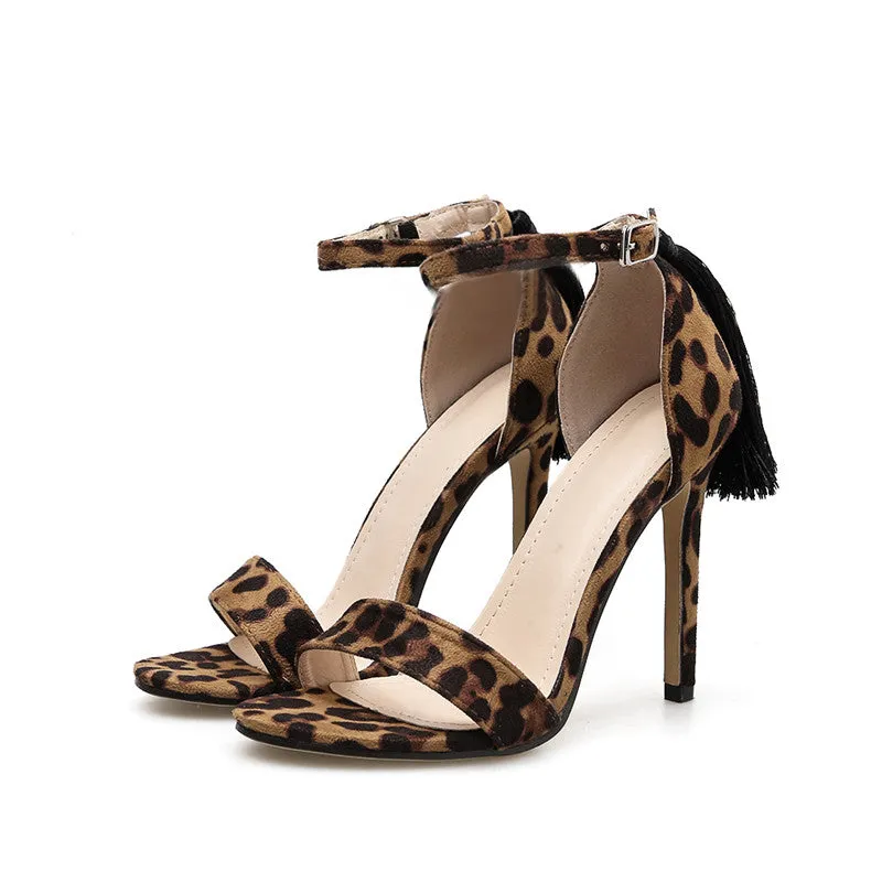 Women Leopard Tassel High Heel Stiletto Ankle Strap Sandals