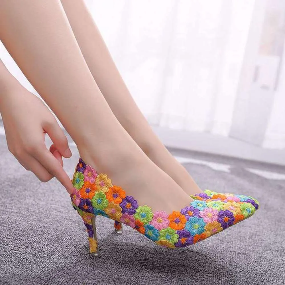 Women Multicolour Handmade Lace Wedding Party High Heels Shoes