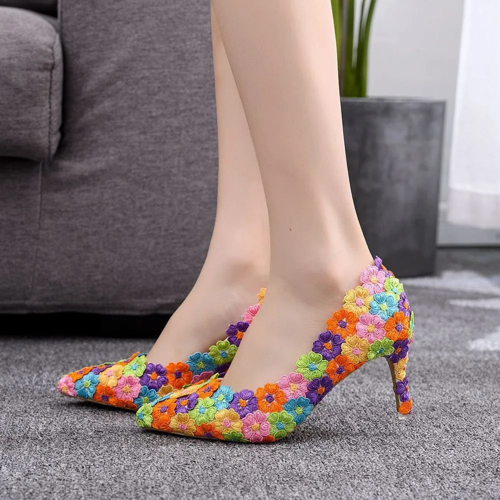 Women Multicolour Handmade Lace Wedding Party High Heels Shoes