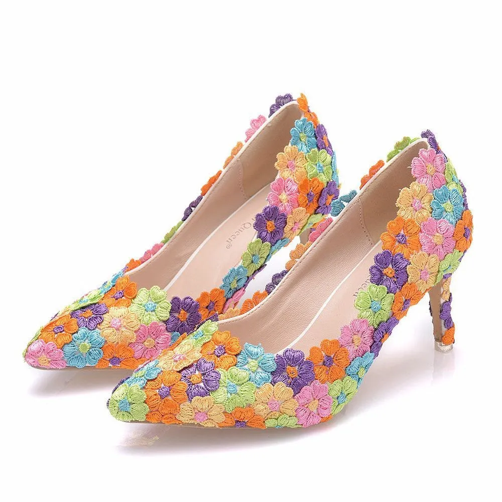 Women Multicolour Handmade Lace Wedding Party High Heels Shoes