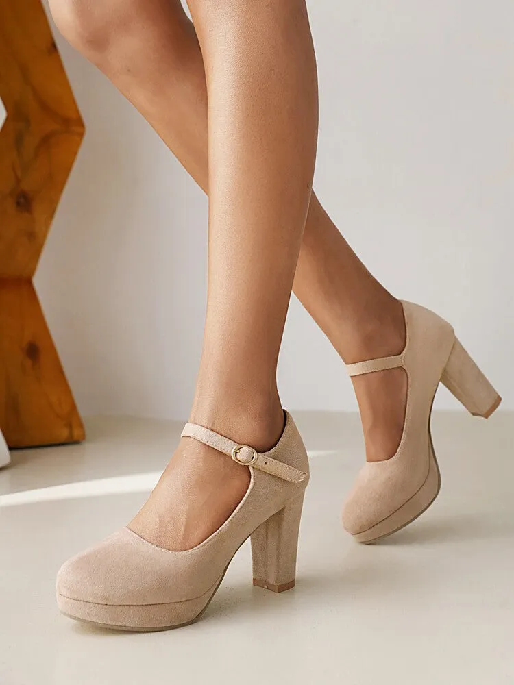 Women's Flock Almond Toe Mary Janes Shallow Block Heel Platform Pumps