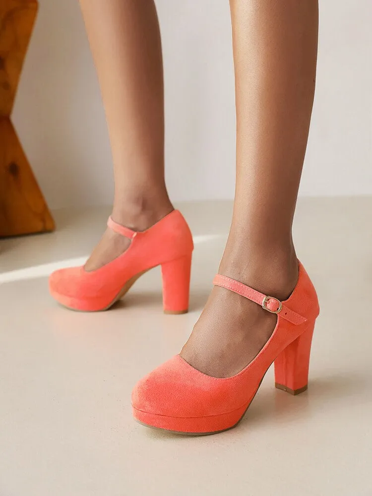 Women's Flock Almond Toe Mary Janes Shallow Block Heel Platform Pumps