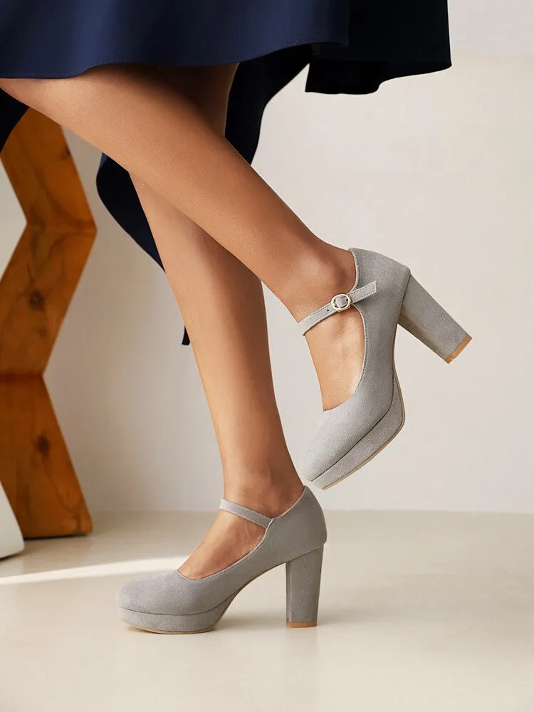 Women's Flock Almond Toe Mary Janes Shallow Block Heel Platform Pumps