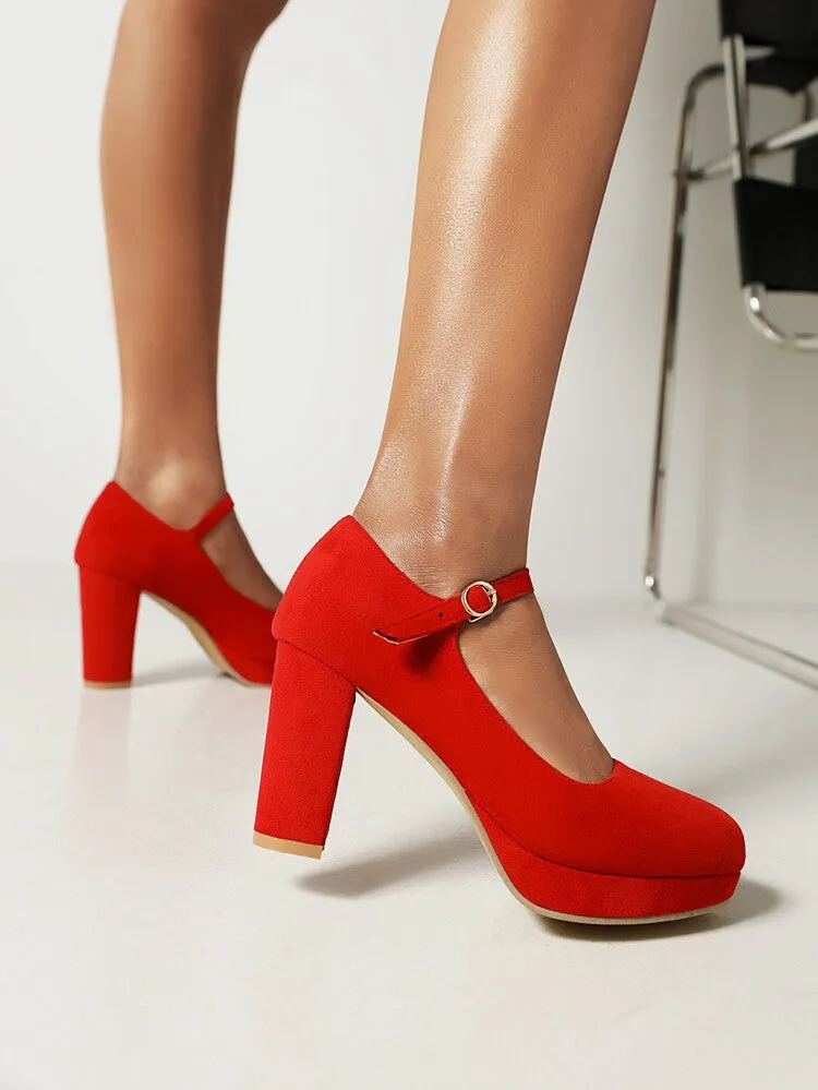 Women's Flock Almond Toe Mary Janes Shallow Block Heel Platform Pumps