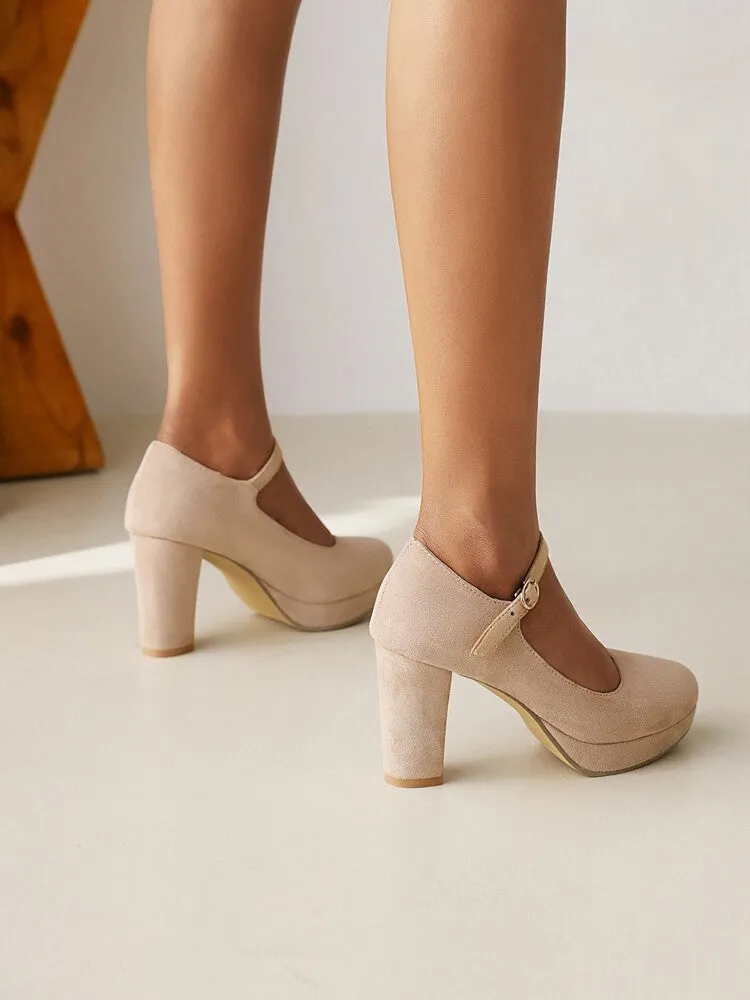 Women's Flock Almond Toe Mary Janes Shallow Block Heel Platform Pumps