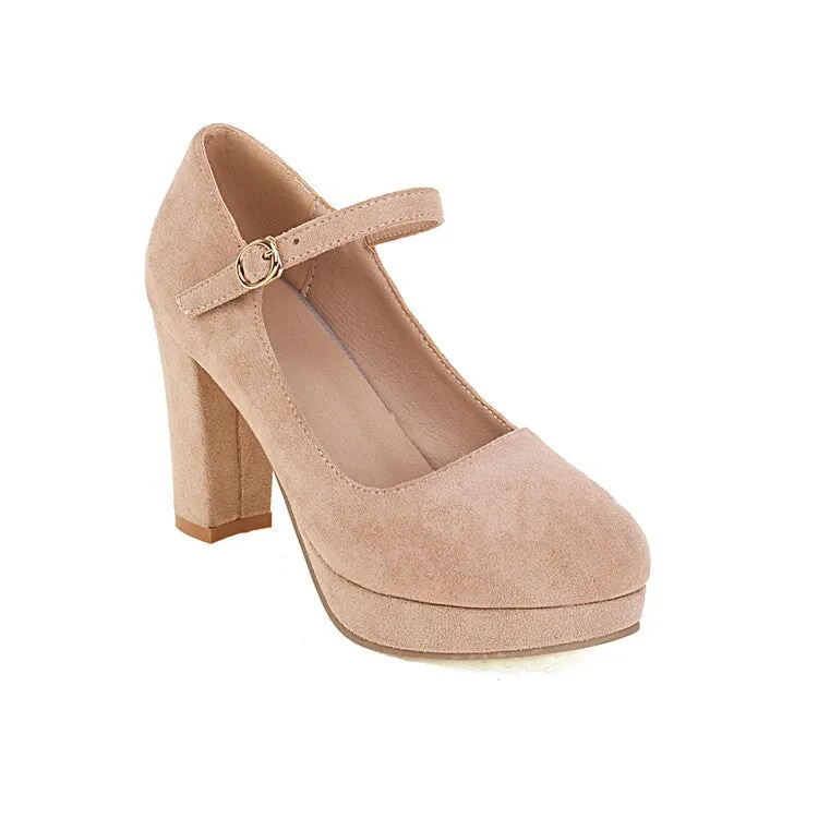 Women's Flock Almond Toe Mary Janes Shallow Block Heel Platform Pumps