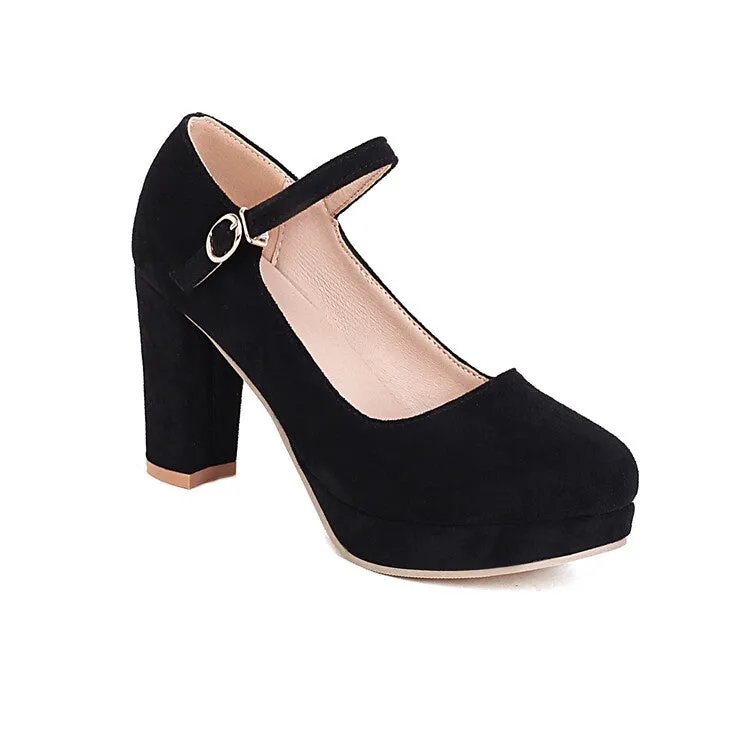 Women's Flock Almond Toe Mary Janes Shallow Block Heel Platform Pumps