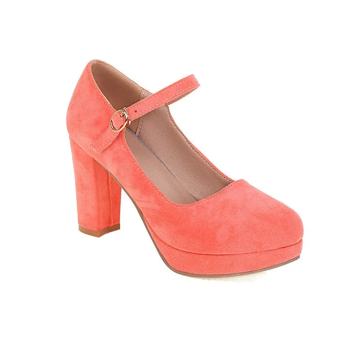 Women's Flock Almond Toe Mary Janes Shallow Block Heel Platform Pumps