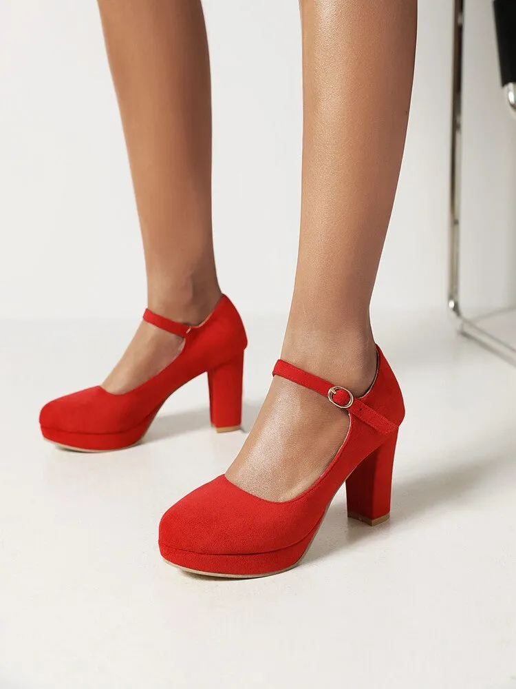 Women's Flock Almond Toe Mary Janes Shallow Block Heel Platform Pumps