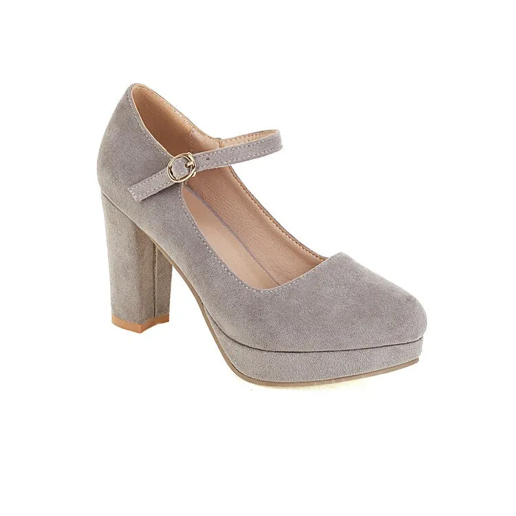 Women's Flock Almond Toe Mary Janes Shallow Block Heel Platform Pumps
