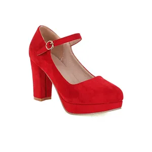 Women's Flock Almond Toe Mary Janes Shallow Block Heel Platform Pumps