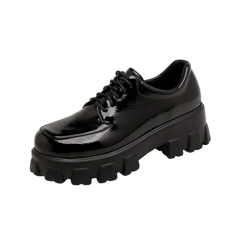 Women's Glossy Round Toe Lace Up Platform Block Heel Shoes