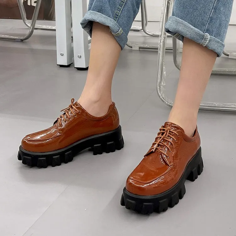 Women's Glossy Round Toe Lace Up Platform Block Heel Shoes