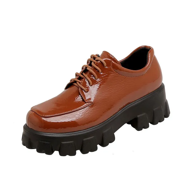 Women's Glossy Round Toe Lace Up Platform Block Heel Shoes